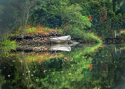 Abstract Square Patterns - White Aluminum Rowboat Docked at Blind Brook by Cordia Murphy