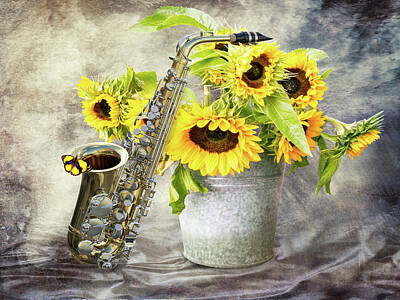 Jazz Photos - Sunflowers and saxophone by Mihaela Pater