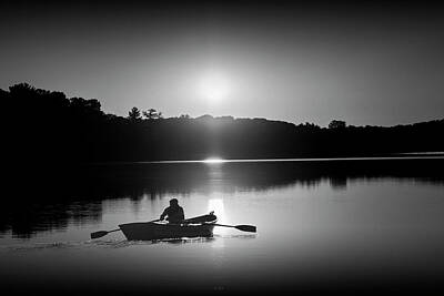 Randall Nyhof Royalty-Free and Rights-Managed Images - Sunrise with Rowboat crossing Stony Lake in Black and White by Randall Nyhof