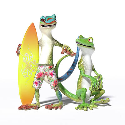 Reptiles Digital Art - Surfs Up Geckos by Betsy Knapp