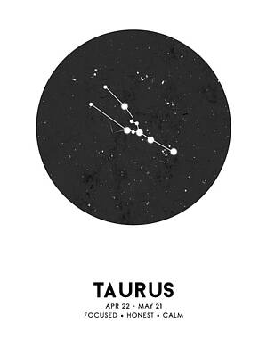 Mammals Mixed Media - Taurus Print - Zodiac Signs Print - Zodiac Posters - Taurus Poster - Night Sky - Taurus Traits by Studio Grafiikka
