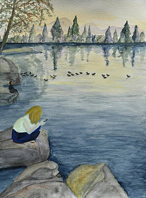 Mountain Mixed Media - Texting on a Rock at a Serene Lake   by Linda Brody