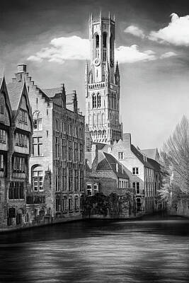 Comedian Drawings - The Belfry of Bruges Belgium Black and White by Carol Japp