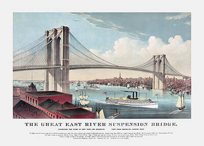 City Scenes Paintings - The Great East River Suspension Bridge - New York 1883 by War Is Hell Store