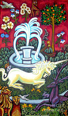 Animals Paintings - The Unicorn and Garden by Genevieve Esson