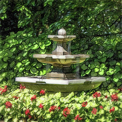Sultry Plants Rights Managed Images - Three Tiered  Fountain In The Geraniums Royalty-Free Image by Leslie Montgomery