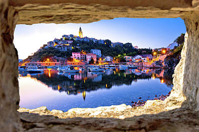 Mellow Yellow - Town of Vrbnik harbor view morning glow view through stone windo by Brch Photography