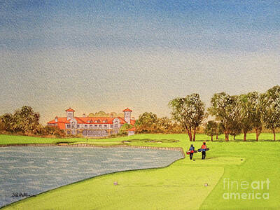 Sports Paintings - TPC Sawgrass Golf Course 18th Hole by Bill Holkham