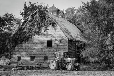 Monochrome Landscapes Royalty Free Images - Tractor and Vintage Barn Farmhouse - Monochrome Edition Royalty-Free Image by Gregory Ballos