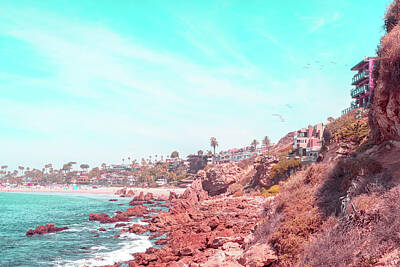 Giuseppe Cristiano - Transcending Reality - Corona Del Mar Beach and Cliffs in Coral Pink and Turquoise by Georgia Mizuleva