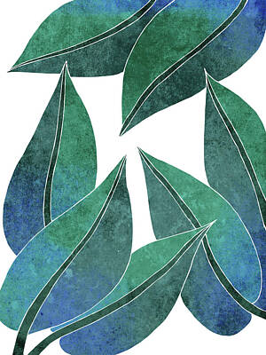 Royalty-Free and Rights-Managed Images - Tropical Leaf Illustration - Blue, Green - Botanical Art - Floral Design - Modern, Minimal Decor by Studio Grafiikka