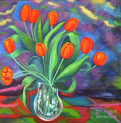 Still Life Royalty Free Images - Orange Tulips in Glass Vase Royalty-Free Image by Caroline Street
