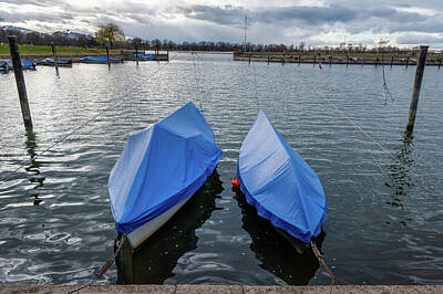 Kitchen Signs Rights Managed Images - Two covered boats in a small harbour of Hard on Lake Constance Royalty-Free Image by Stefan Rotter