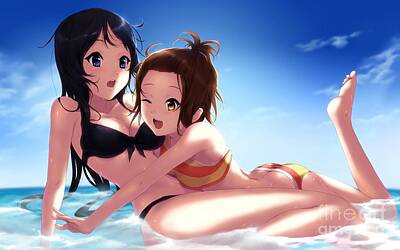 Comics Drawings - Two Cute Hentai Girls In Bikini Playing In Water Ultra HD by Hi Res