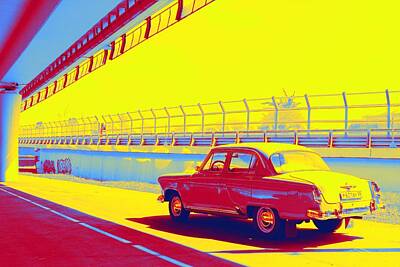 Sports Paintings - vintage car under bridge gradient neon coloring by Ahmet Asar, Asar Studios by Celestial Images