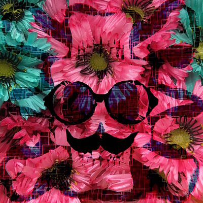 Little Mosters - Vintage Old Skull Portrait With Red And Blue Flower Pattern Abstract Background by Tim LA