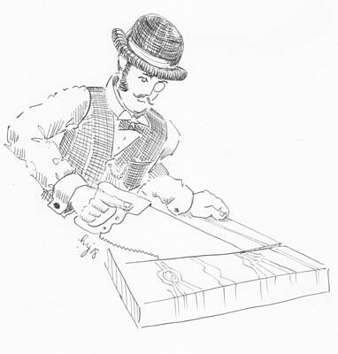 Card Game - Vintage Woodworking - Victorian gentleman carpenter drawing by Mike Jory