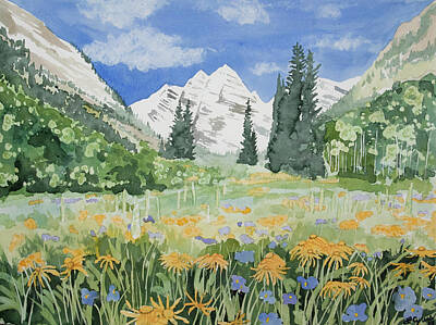 Sunflowers Paintings - Watercolor- Maroon Bells Summer Landscape by Cascade Colors