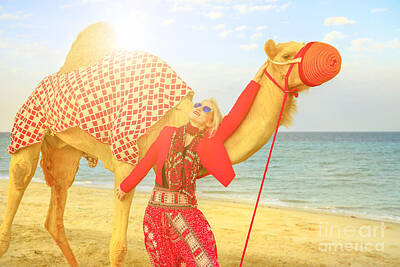 Airport Maps - Woman with camel at sunset by Benny Marty