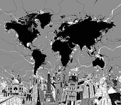 Recently Sold - Paris Skyline Digital Art - World Map Landmarks Gray by Bekim M