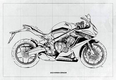 Recently Sold - Transportation Drawings - 2023 Honda CBR650R Blueprint,Light Grey Background,Gift for Bikers by Drawspots Illustrations