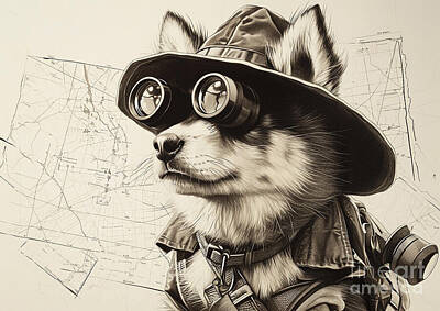 Animals Royalty Free Images - A baby Alaskan Malamute dressed as a safari explorer with a hat Royalty-Free Image by Adrien Efren