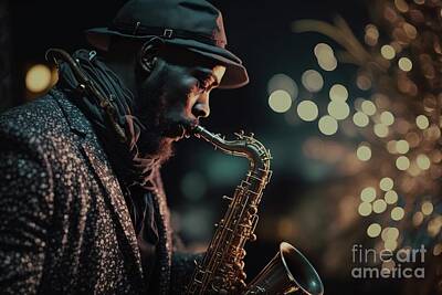 Musician Photo Royalty Free Images - A black man plays a saxophone one night during a concert. Ai gen Royalty-Free Image by Joaquin Corbalan