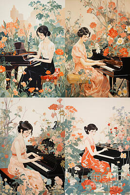 Comics Paintings - A  Cartoon  Person  Playing  The  Piano  With  Flowers  Ddfe  Bfe  Eba  A  Caae by Artistic Rifki