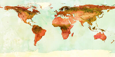 Abstract Ink Paintings In Color - Vintage Style World Map by Manjik Pictures
