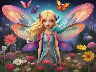 Fantasy Digital Art Royalty Free Images - A fairy in a field of flowers Royalty-Free Image by Meir Ezrachi