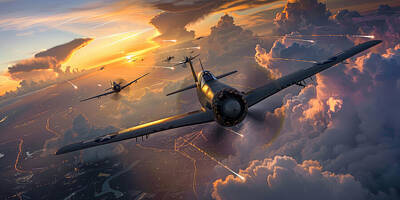 Cities Royalty-Free and Rights-Managed Images - A fleet of vintage fighter planes soars above the clouds by Kyle Lee