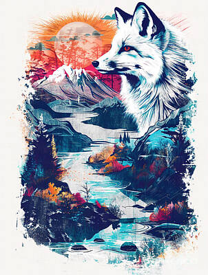 Landscapes Drawings - A graphic depiction of Arctic Fox Wild animal by Clint McLaughlin