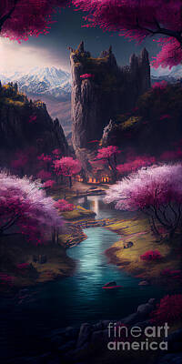 Fantasy Digital Art - a  large  fantasy  chasm  view  of  village  lakes by Asar Studios by Celestial Images