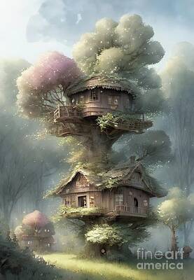 Surrealism Digital Art Royalty Free Images - A tree house in the woods Royalty-Free Image by Sen Tinel