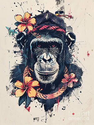 Abstract Flowers Drawings - A vibrant mix of Chimpanzee Wild animal by Clint McLaughlin