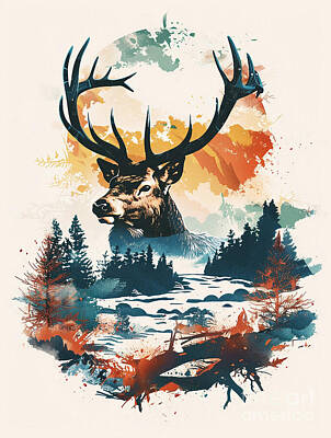Landscapes Drawings - A vibrant mix of Elk Forest animal by Clint McLaughlin