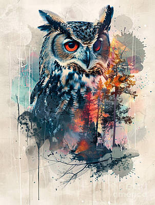 Surrealism Drawings Rights Managed Images - A vibrant mix of Owl Forest animal Royalty-Free Image by Clint McLaughlin