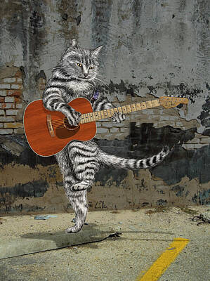 Musicians Drawings Royalty Free Images - Buskers the Acoustic Guitar Alley Cat Solo Royalty-Free Image by Doug LaRue