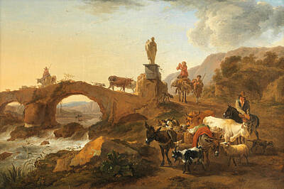 Valentines Day - After Nicolaes Berchem, 18th Century Drovers with cattle and goats before a bridge by Arpina Shop