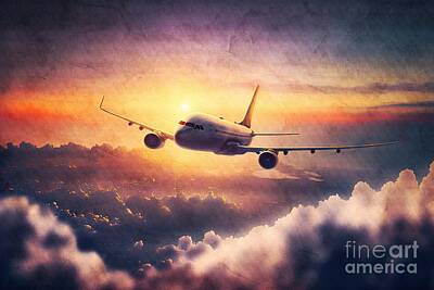 Vintage Baseball Players Rights Managed Images - Airplane flying at sunset, generative ai Royalty-Free Image by Michal Bednarek