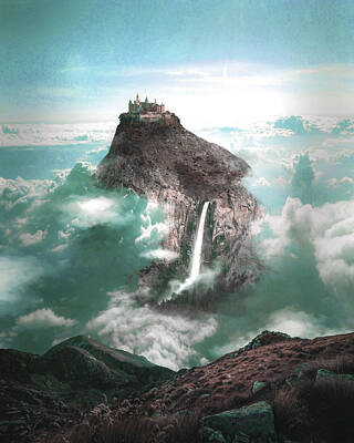 Surrealism Digital Art - Alpine Castle and Waterfall - Surreal Art by Ahmet Asar by Celestial Images
