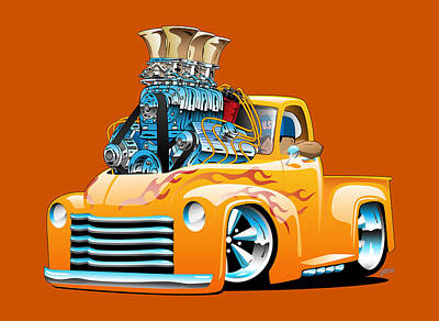 Comics Digital Art - American Classic Hot Rod Pickup Truck Cartoon by Jeff Hobrath