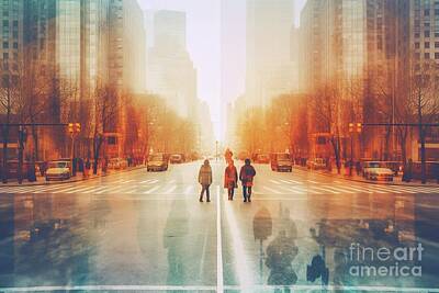 Surrealism Photo Royalty Free Images - Amidst a bustling city, individuals navigate a pedestrian crossing in an artistic and surreal portra Royalty-Free Image by Joaquin Corbalan