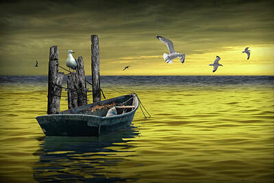 Randall Nyhof Royalty-Free and Rights-Managed Images - Anchored Boat at Sunset with Flying Gulls by Randall Nyhof