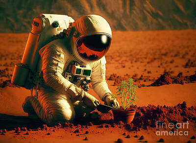 Science Fiction Photos - Astronaut growing plant, agriculture and farming on alien planet. Generative AI by Michal Bednarek