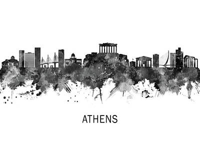 City Scenes Mixed Media - Athens Greece Skyline BW by NextWay Art