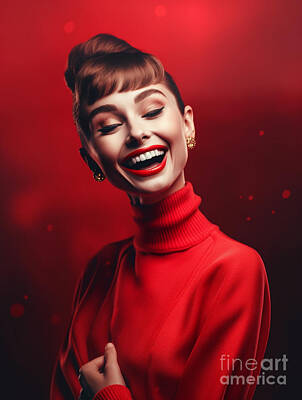 Actors Paintings - Audrey  Hepburn  happy  and  smiling  Surreal  Cinema  by Asar Studios by Celestial Images