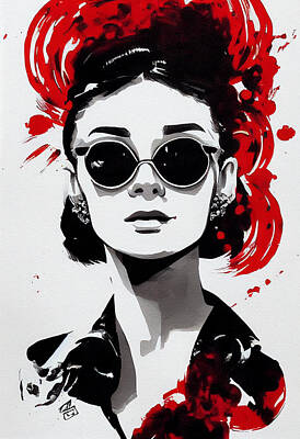 Actors Paintings - Audrey  Hepburn  Holly  Golightly  portrait  Profile  Sunglasse  04304396645563379  9593  6457f3  90 by Celestial Images