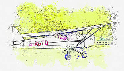 Famous Groups And Duos - Auster J-Autocrat G-AGTO war planes in watercolor ca by Ahmet Asar  by Celestial Images