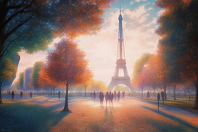 Paris Skyline Digital Art Royalty Free Images - Autumn In Paris Royalty-Free Image by Manjik Pictures